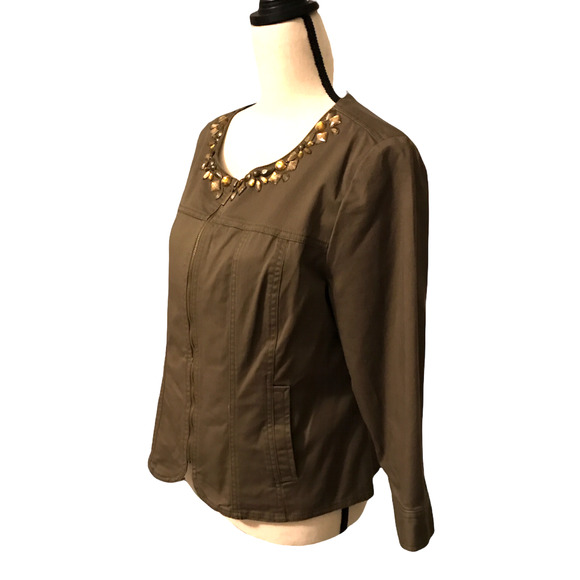 Ruby Rd. Brown Zip Up Jacket with Antiqued Embellishments on Front Collar, Sz 12 - Picture 2 of 5